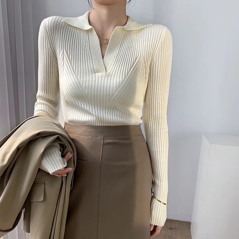 Strickpullover mit Polokragen für Damen, langärmelig, Rippstrick, schlichter Pullover, Teenager-Mädchen, Herbst-Winter, Basic-Chic-Outfit