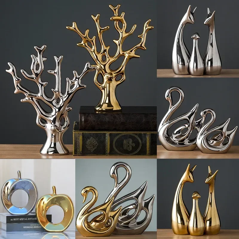 

Ceramic Electroplating Ornaments Nordic Ins Cabinet Decorations Home Porcelain Deer/Swan Family Apple Shape Figurines