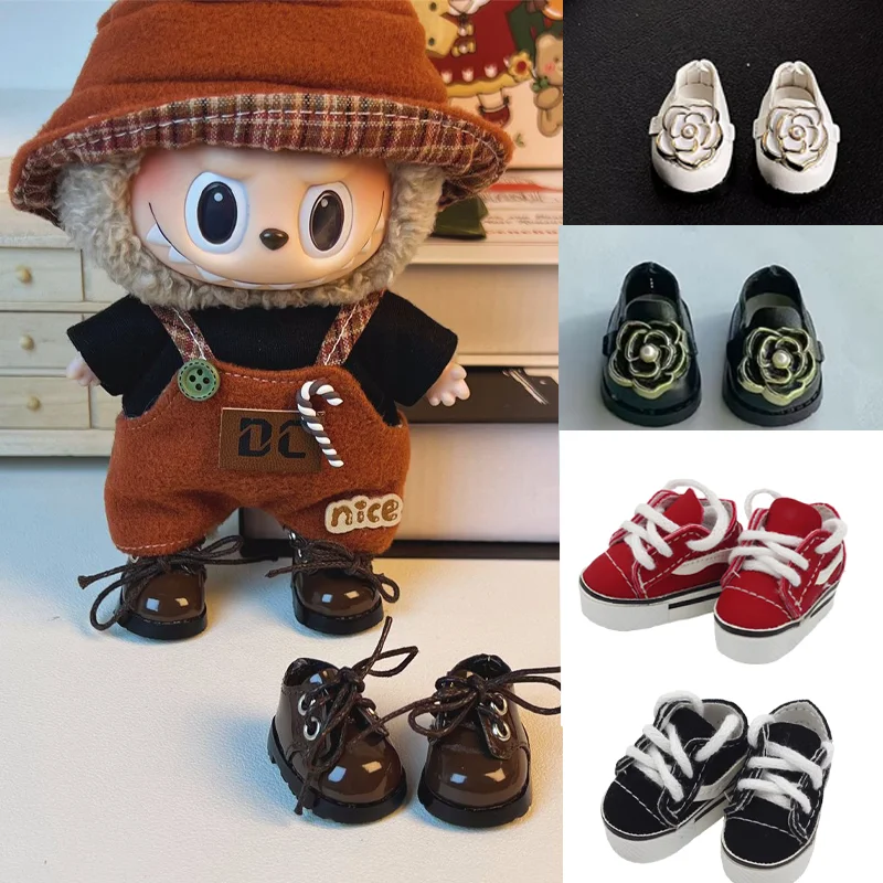 17cm Labubu High-End Custom Fashion Camellia Pearl Leather Shoes Casual Canvas Shoes Doll Accessories