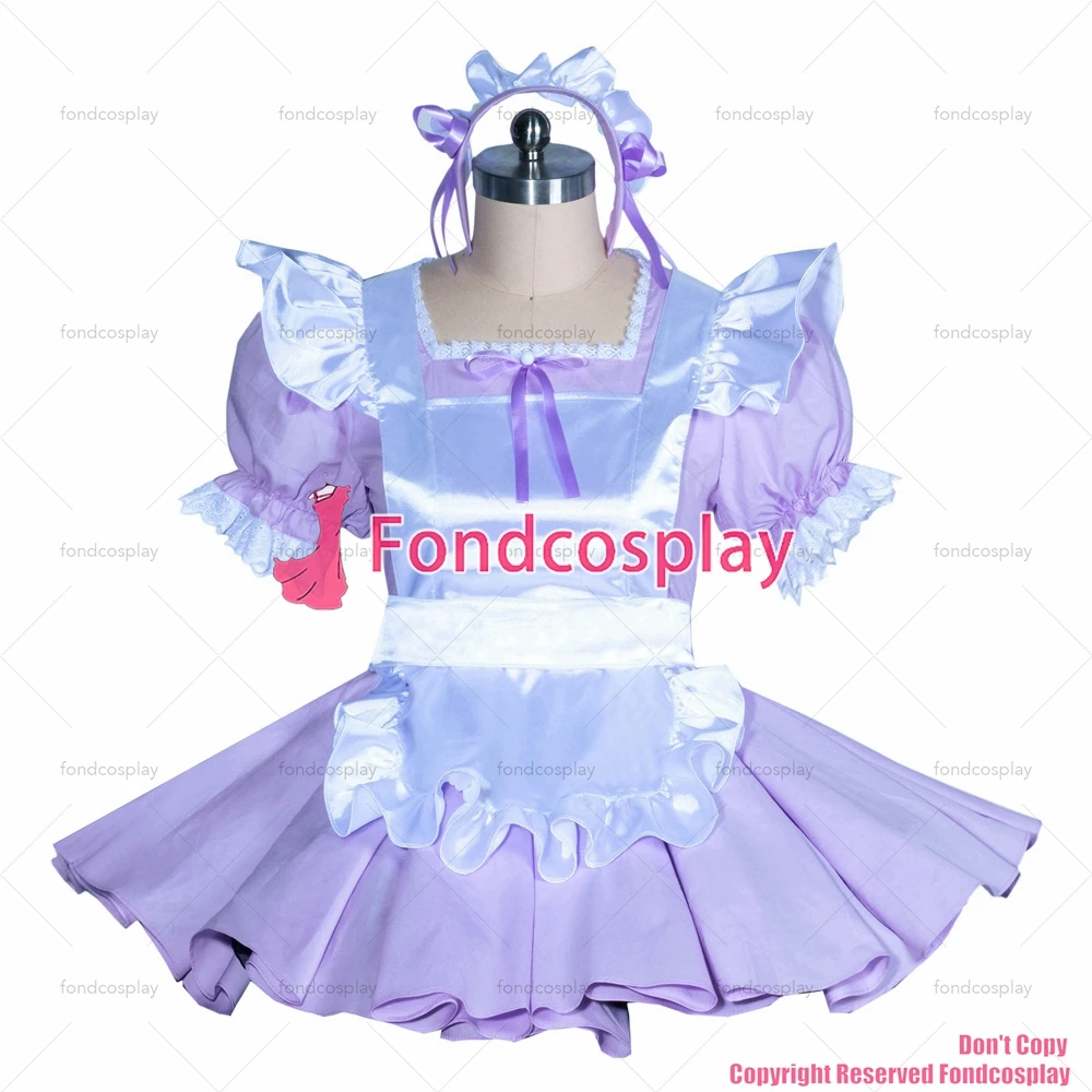 Fondcosplay Volwassen Sexy Cross Dressing Sissy Meid Korte Franse Lila Katoenen Afsluitbare Jurk Wit Satijn Schort Cd/Tv [G3881]