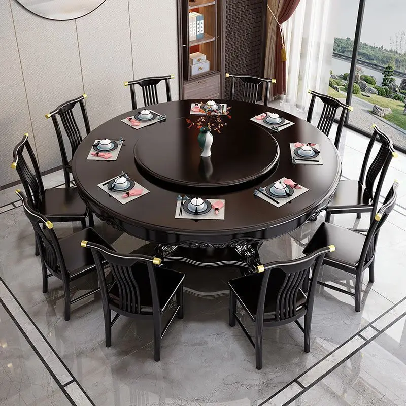 New Chinese-style all-solid wood dining table and chair combination large round dining table multi-person round
