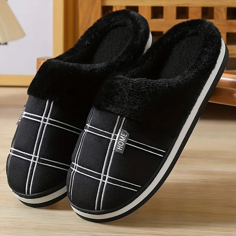 Pmoiste Men Soft Flannel Flu Plaid House Slippers Comfortable Memory Foam TPR Cushion Warm Living Room Shoes Slip-on Winter