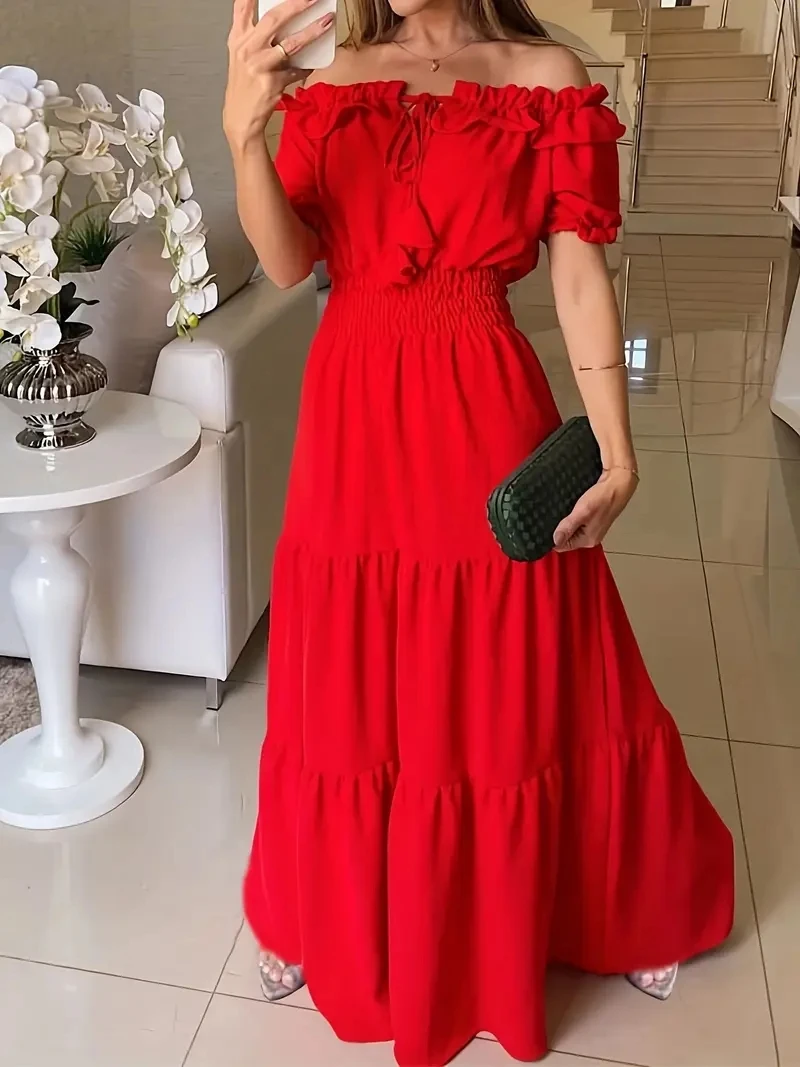 Schulterfreies Damen-Maxikleid mit Rüschen und Blasenärmeln – elegantes, gestuftes langes Sommerkleid mit elastischem Bund