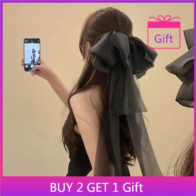 Эфирная заколка для волос с большим бантом и длинными ленточными хвостами, пружинная заколка на затылке, элегантный женский аксессуар для волос Fairy Core