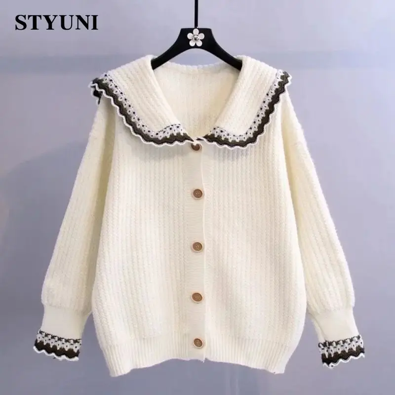 Peter Pan Collar Ruched Solid Casual Acrylic Knitted Women's Cardigan Long Sleeve Single-breasted Autumn Winter Female Jumpers