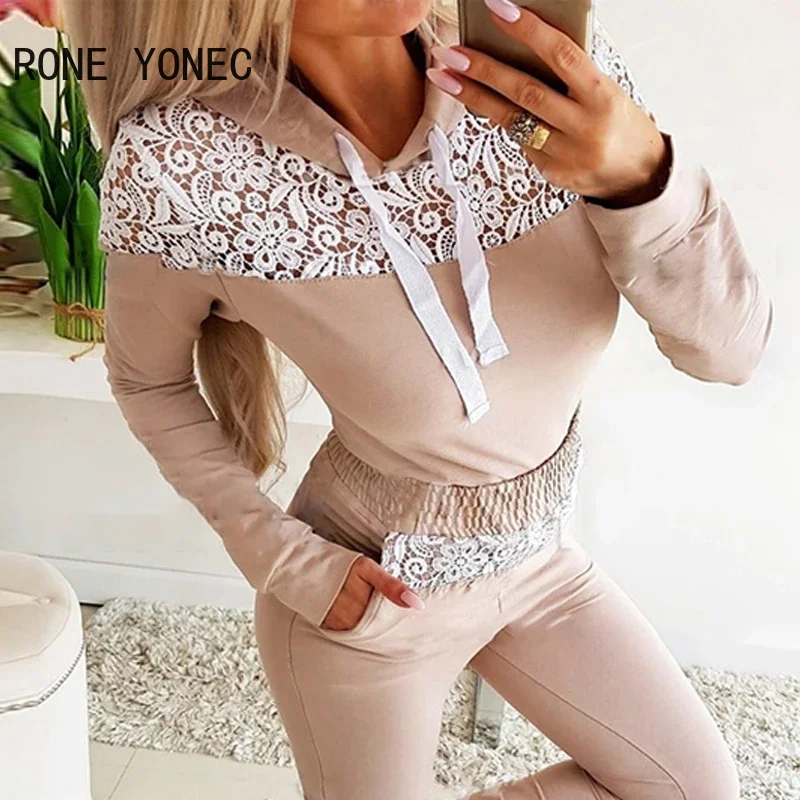 Women Casual Long Sleeves Tape  Lace Patchwork Elastic waist Sporty  Shinny Pants Sets