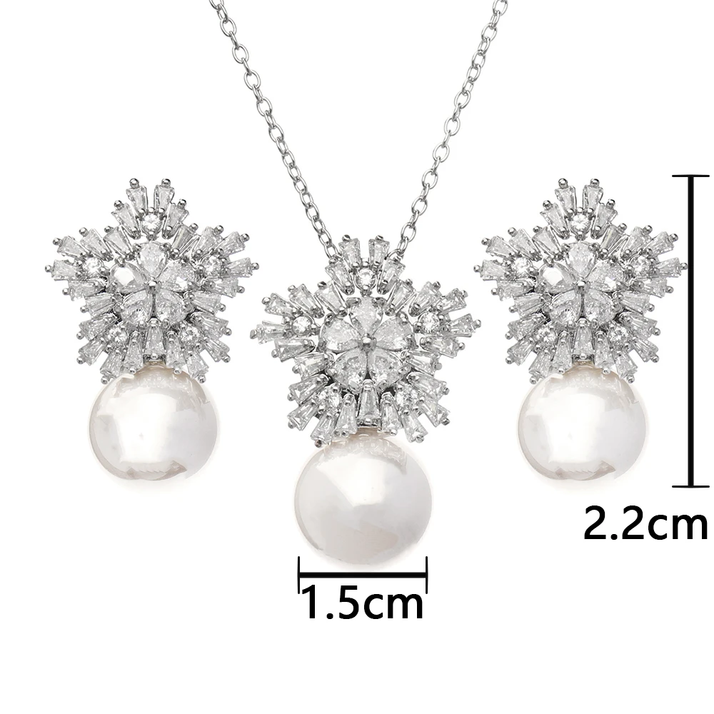 SUGO Classic Fashion Snowflake Zircon with Pearl Earrings Necklaces Jewelry Sets for Elegant Women Dinner Accessories