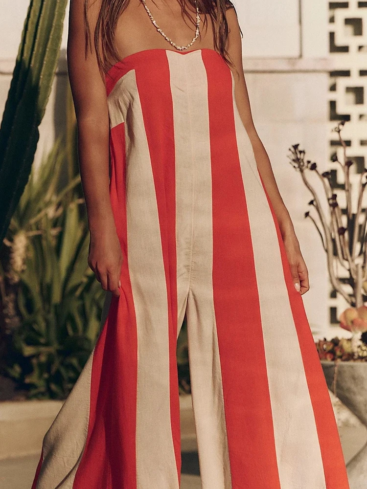 

Women Elegant Sleeveless Street Long Playsuit Fashion Backless Wide Leg Romper Sexy Strapless Stripes Print Loose Party Jumpsuit