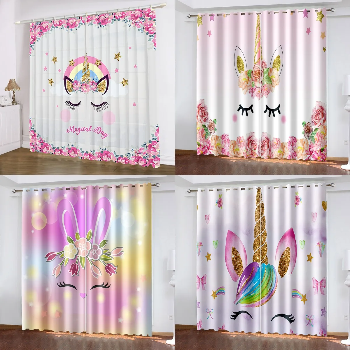 

Pink Unicorn Curtains For Girl's Living Room Bedroom High Shading Curtains For Kitchen The Room Window Treatments Drapes