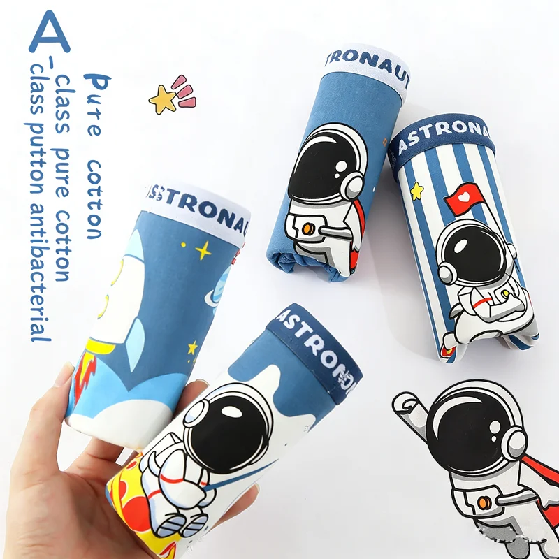 Jungenunterwäsche aus Baumwolle mit flachem Eckdesign, Astronauten- und Baufahrzeug-Motiv, blau-grün-weiße Farbe, Panda-Höschen, Kinderkleidung – Detail 3