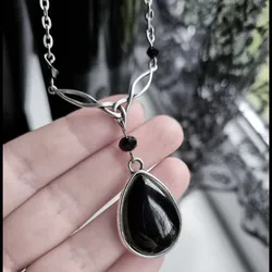 1 Pc Fashion Water Drop Black Gemstone Pendant Simple Hollow Silver Color Chain Necklace Women Daily Party Gift Jewelry