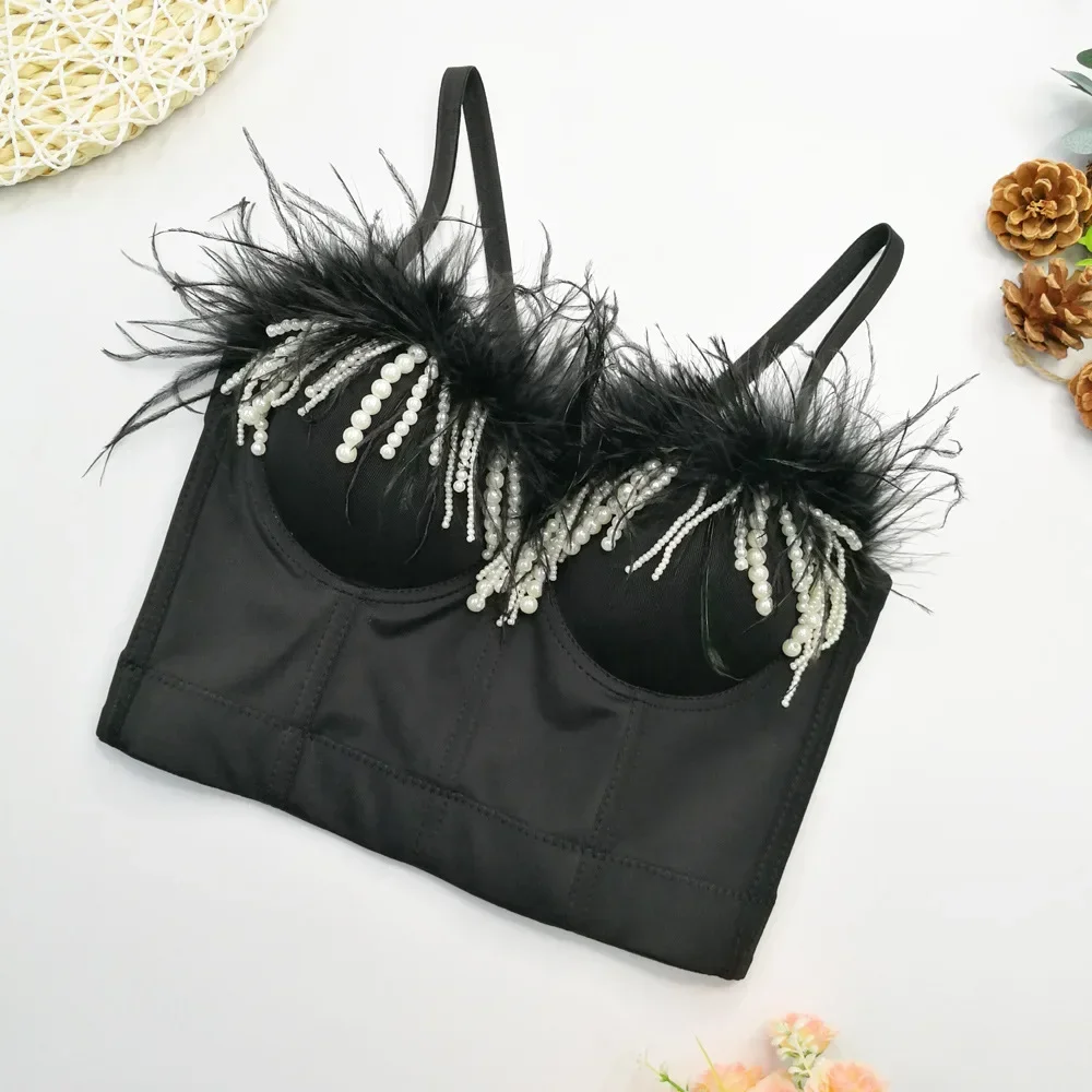 Feather Crop Top with Beading and Tassels for Women Stage Shapewear Push-up Bras Bralette Club Party Underwear Sexy One-pieces