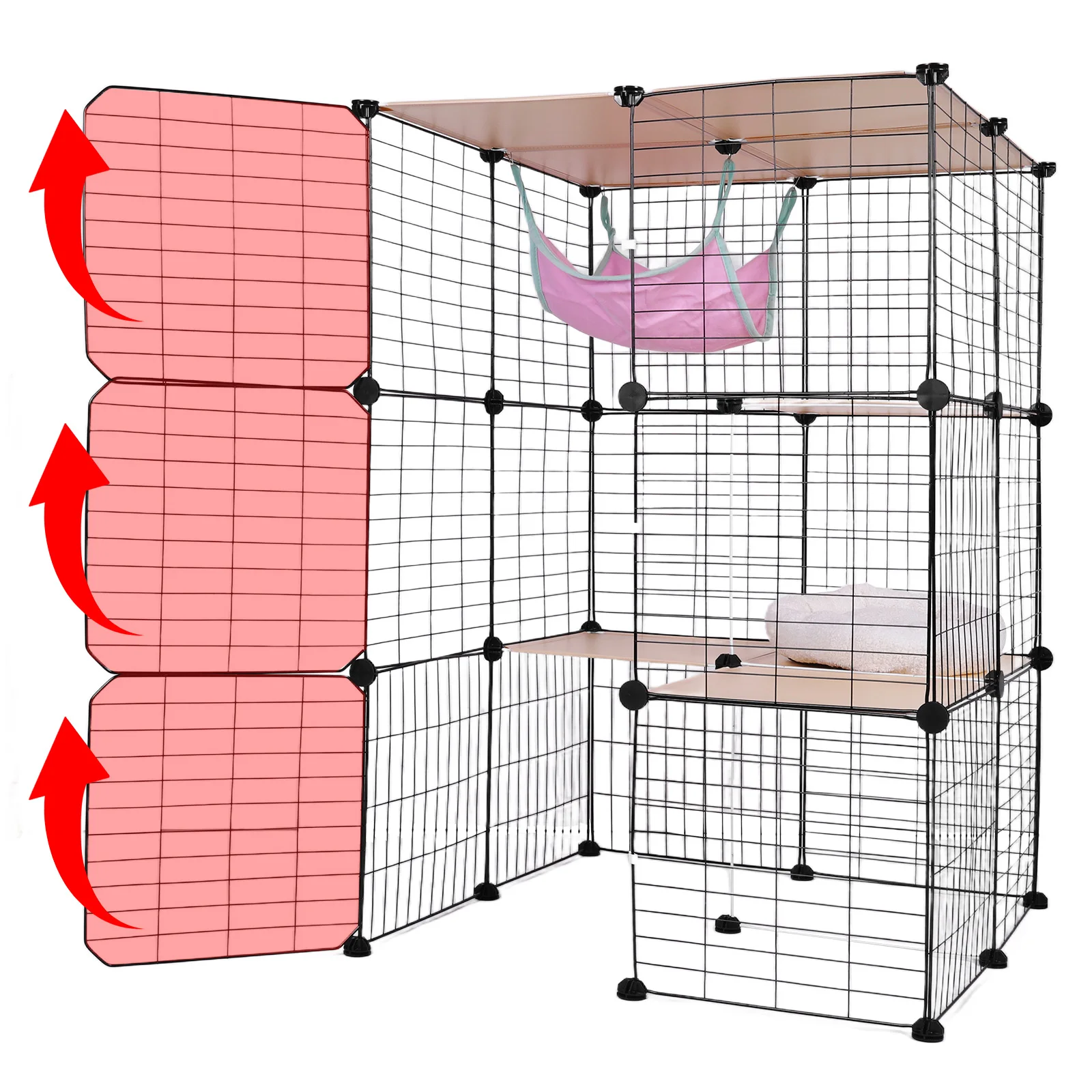 

Трехуровневая разборная клетка для кошек с гамаком и лежанкой, вольер для кошек, большая проволочная клетка-манеж, идеально подходит для 1-3 кошек