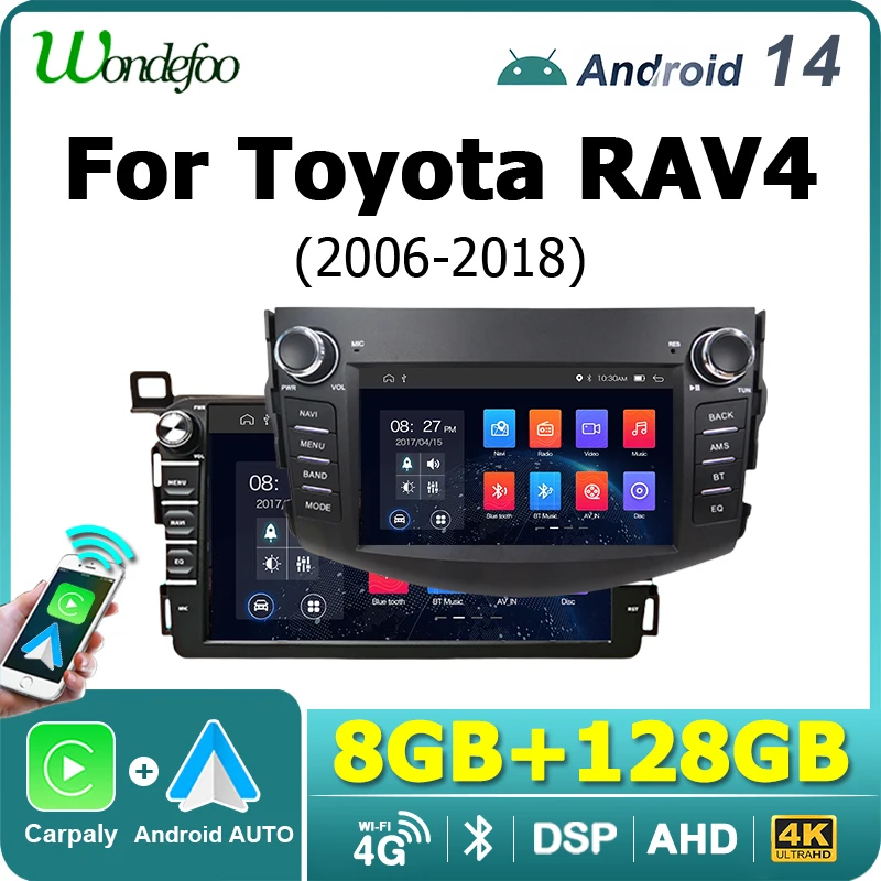 اللاسلكية Carplay أندرويد 14 شاشة راديو السيارات لتويوتا RAV4 2006-2018 2 din autoradio سيارة مشغل وسائط متعددة نظام تحديد المواقع ستيريو 4G LTE