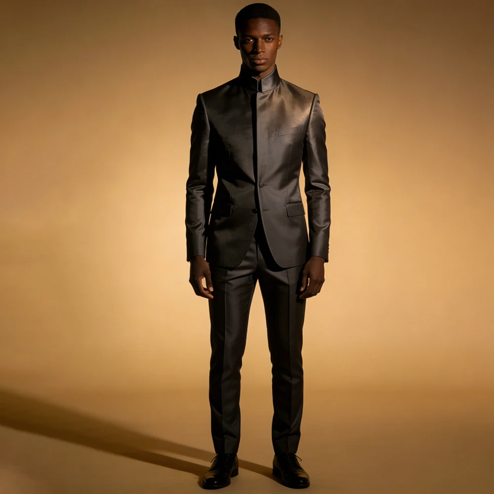 

Elegant Black Evening Men's Suits Bespoke Single Breasted Stand Lapel Outfits Fashion Gentlemen Tuxedos Slim Fit Clothing