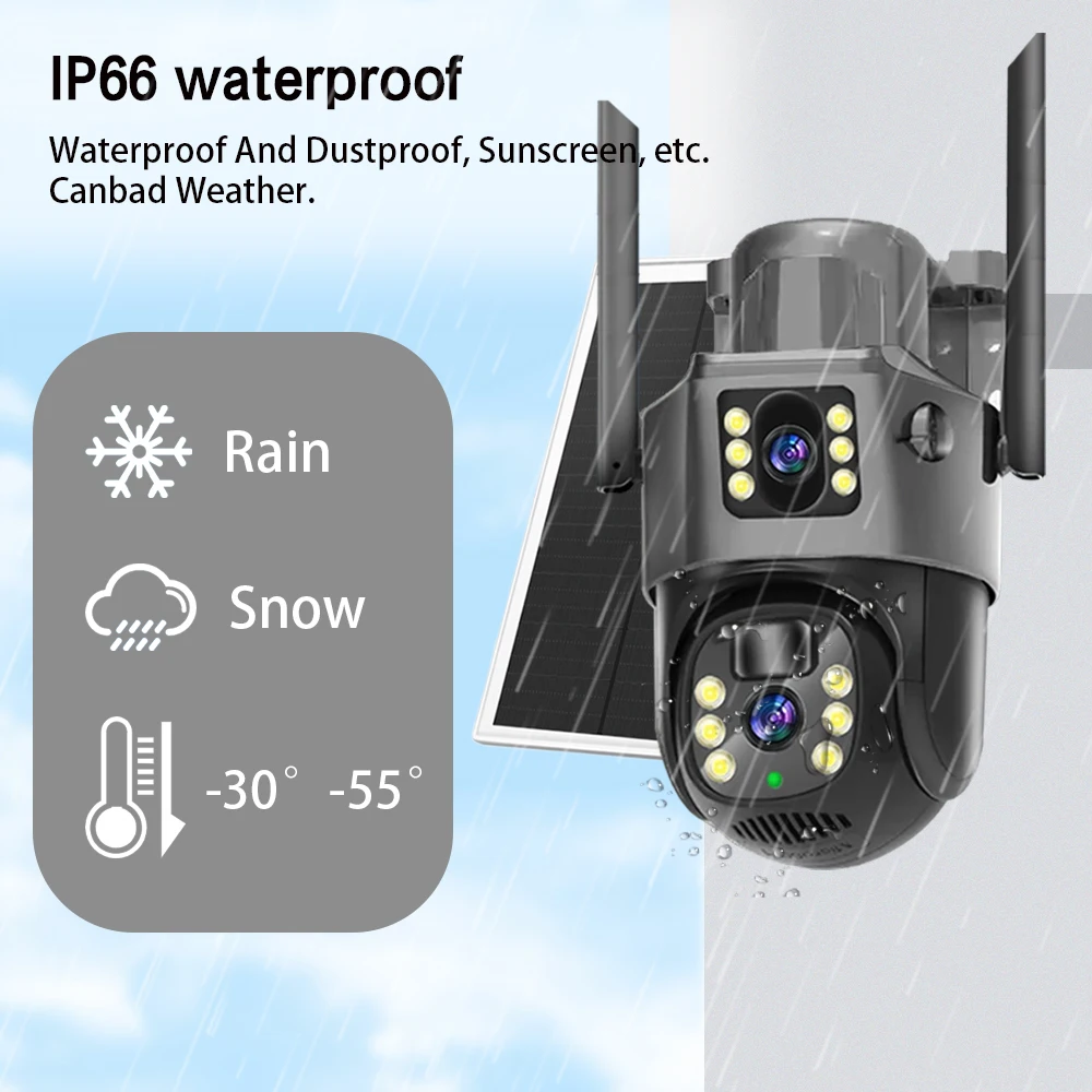 8MP 4K HD128G بطاقة كاميرا تعمل بالطاقة الشمسية في الهواء الطلق بطارية واي فاي كاميرا IP عدسة مزدوجة شاشة مزدوجة الأمن حماية مراقبة لاسلكية CCTV