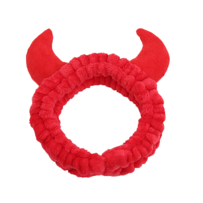 Plush Headband Women Girls Cute Red Horns Soft Elastic Hairband Wash Face Sport Velvet Hair Band Party Bandana Hair Accessories