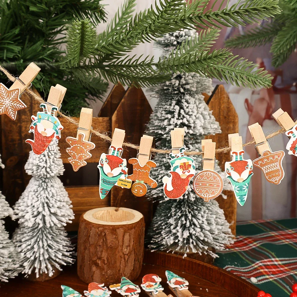 10PCS Christmas Wooden Cartoon Clip Santa Claus Snowflake Decor Clip DIY Memo Paper Art Card Clothespin Clip Party Home Decor