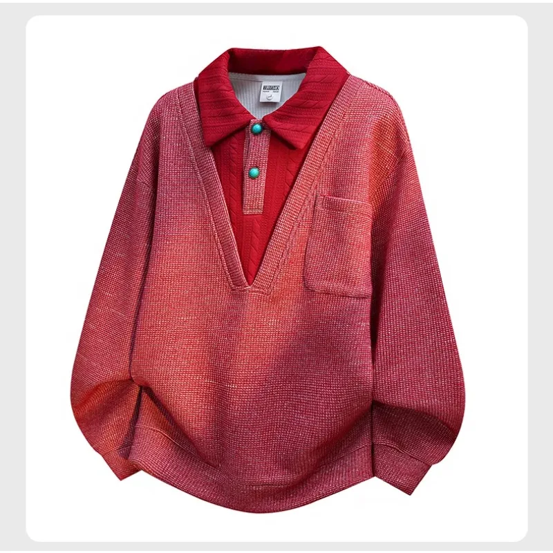 

Spring Autumn Outdoor Mountaineering Hiking Loose Comfortable Versatile Collar Top Men's Fashion Trend Fake Two Piece Sweater