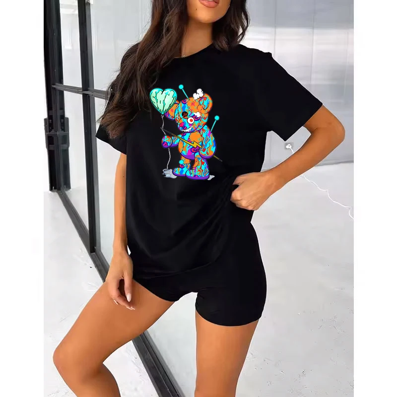 Spring/Summer Cartoon Bear Print casual two-piece suit, crew-neck short-sleeved top and shorts suit, women's wear