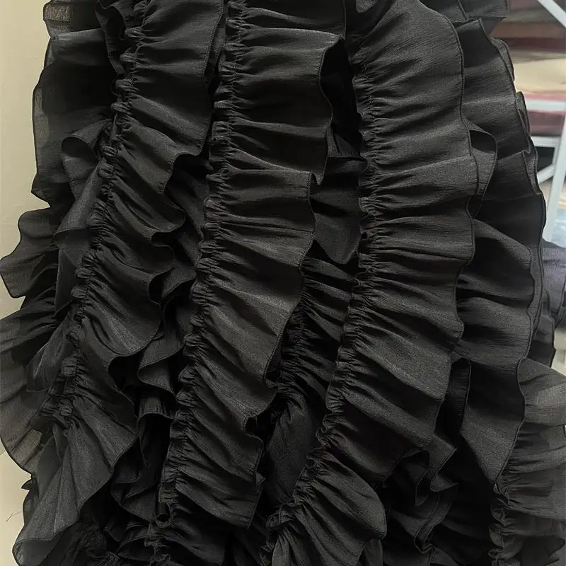 9cm Wide Black Silk Fabric with Ruffled Neckline Sleeve Trim for Lolita Skirt Hem Curtain Embellishments and Sewing Accessories