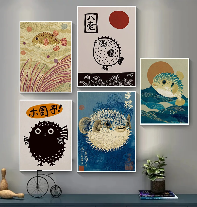 Cartoon Pufferfish Vintage Home Canvas Paintings Decoration Colorful Japanese Style Art Posters Wall Bedroom living room decor
