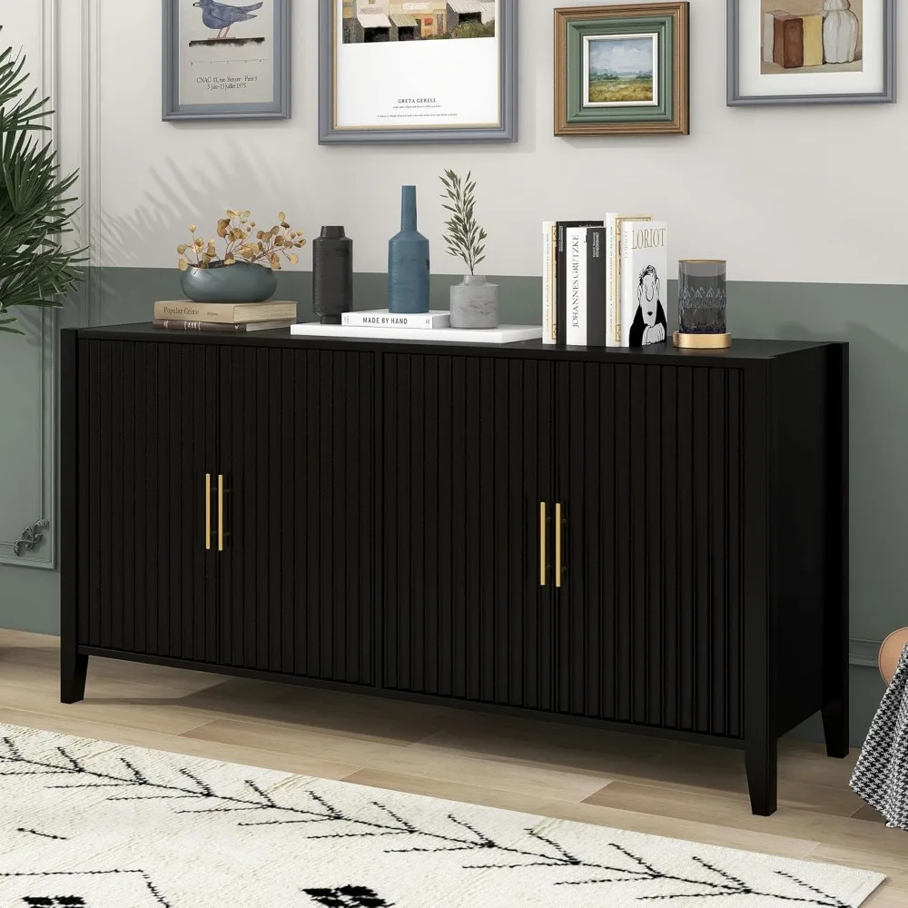 63 inches sideboard with storage space with door and gold handle, wooden modern sideboard trim cabinet, cutlery storage cupboard