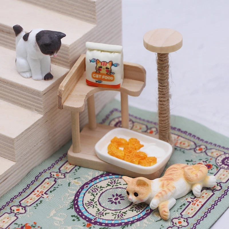 1Set 1:12 Dollhouse Mini Wooden Pet Cat Tree Tower Toys Cat Climbing Rack Cat Food For Dollhouse Furniture Scene Decor Accessory