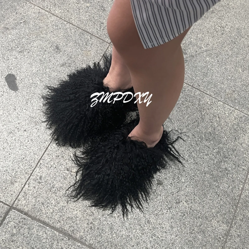 High Quality Women Slides Fashion Warm Flat Slippers Playful Mongolian Round Toe Fur Slippers Long Hair Girls Shoes Flip Flops