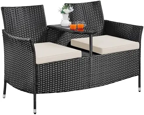 Patio Loveseat, Outdoor Wicker Double Chair w/Side Table | PE Rattan Furniture Set for Two People, Love Seat w/2