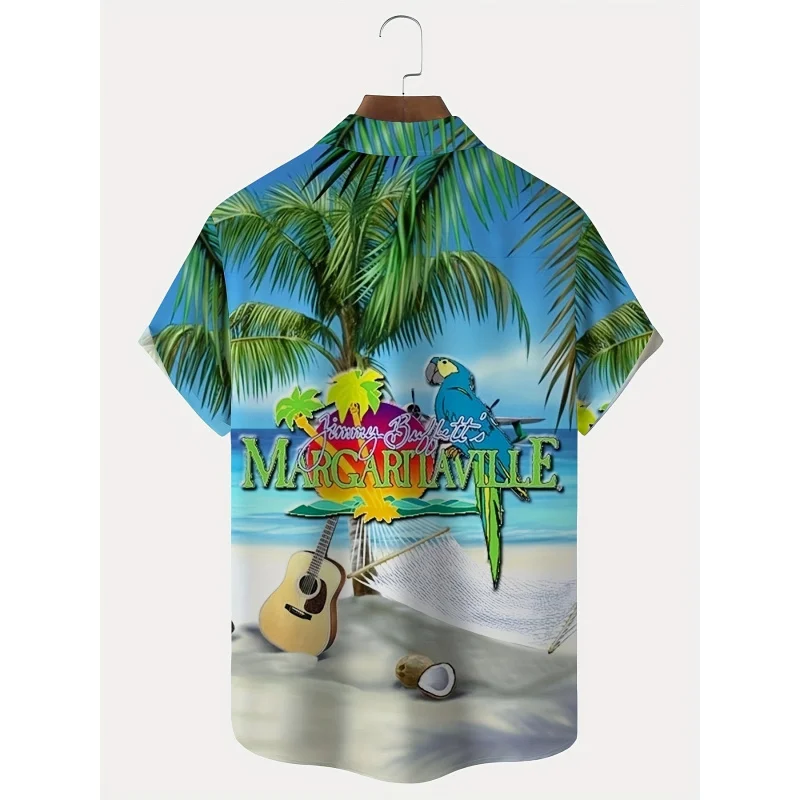 Beach And Letter 3D Graphic Print Men's Fashion Short Sleeve Lapel Hawaiian Shirt, Summer Holiday Top