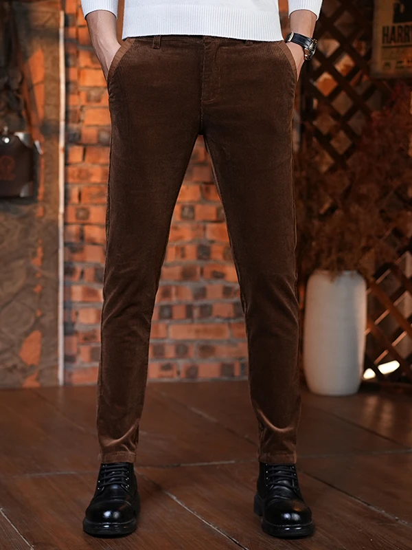 

Hong Kong High-End Men's Casual Pants Autumn Winter New Sle Corduroy Slim Fit Small Foot Elastic Warm Trendy Long Trousers