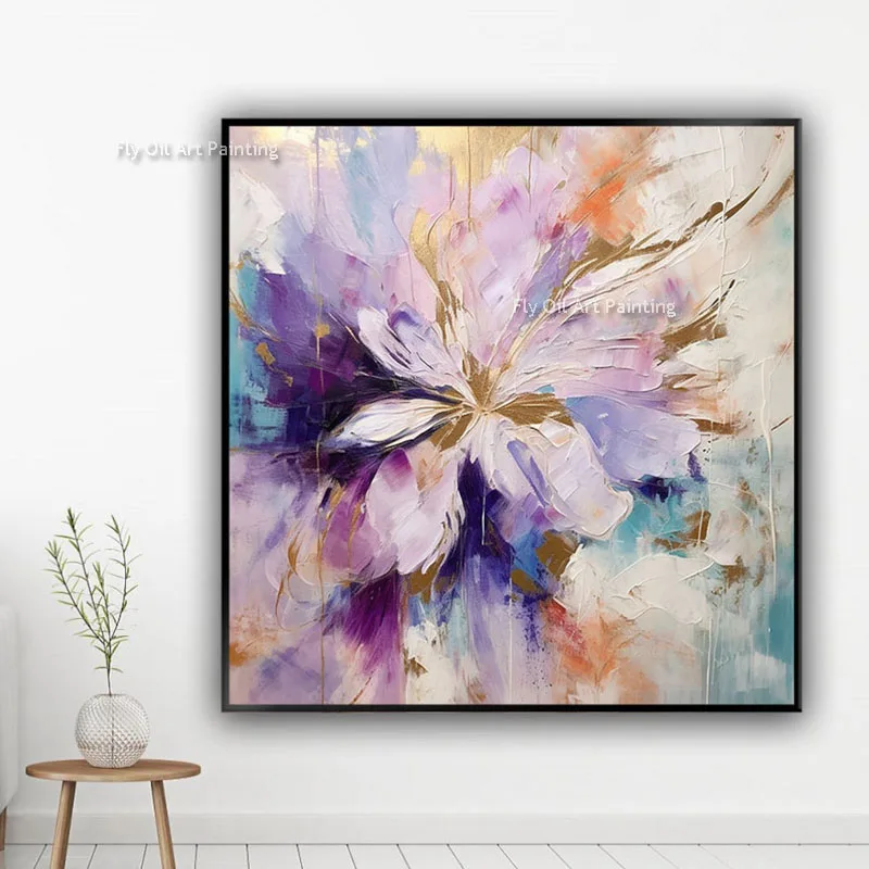 Purple Flower Gold Foil Oil Painting On Canvas Painting Hand Painted  Wall Art for Living Room Home Decoration As Best Gift