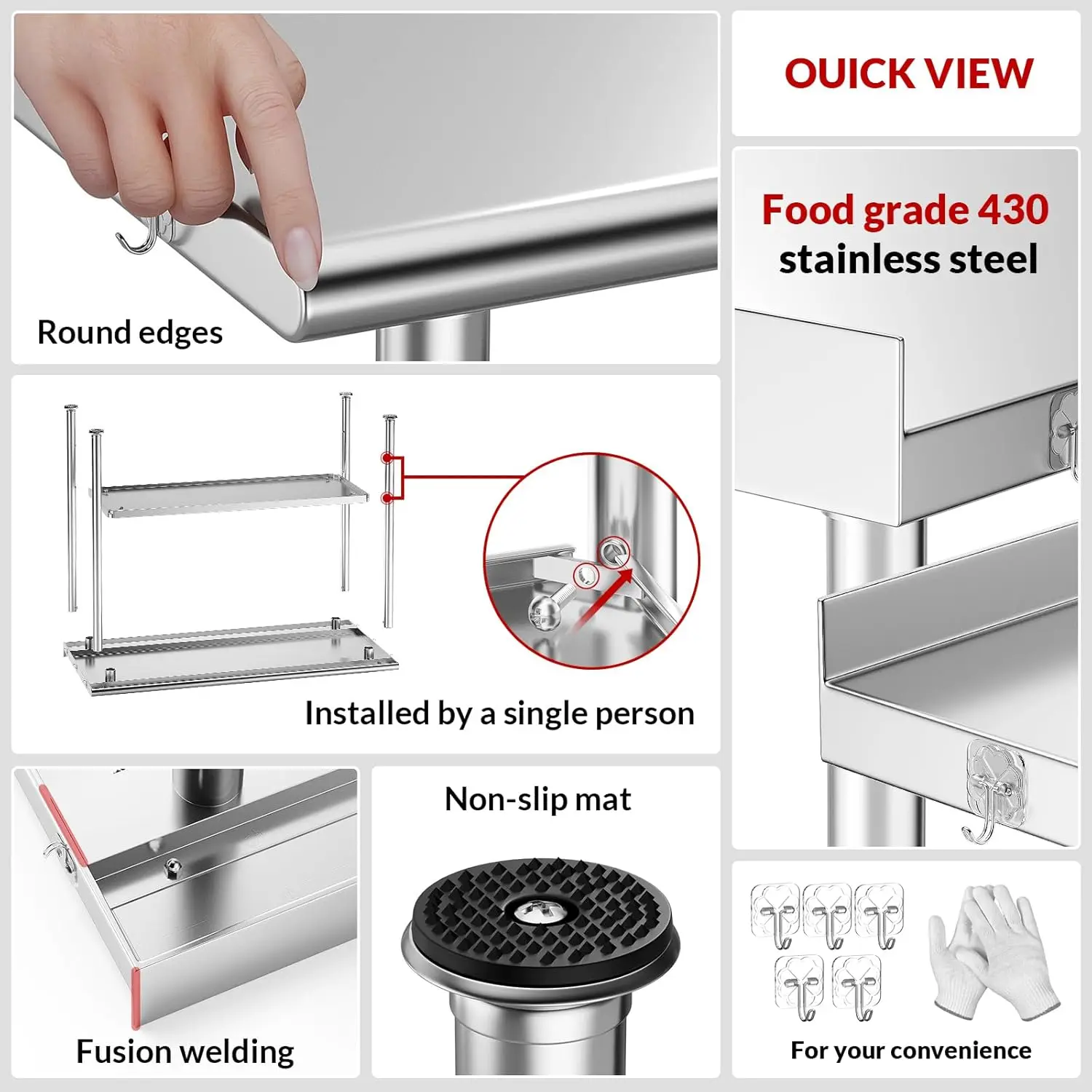 Table de préparation en acier inoxydable pour le travail, 24x48 pouces, capacité de charge élevée avec et pour l'extérieur, restaurants