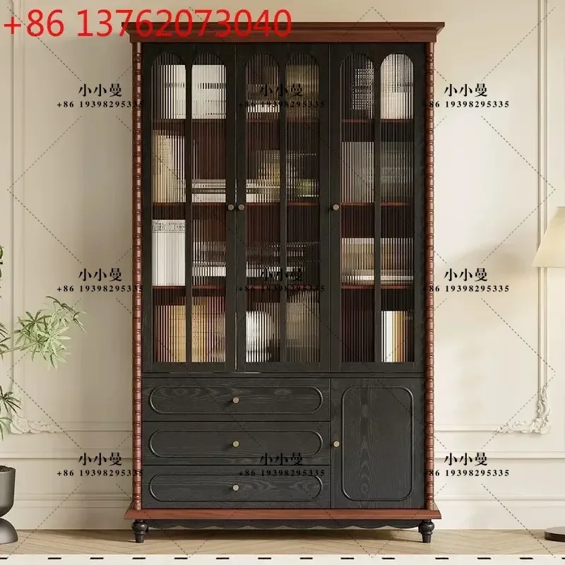 Medieval pure solid wood bookcase combination French retro home floor bookshelf shelf
