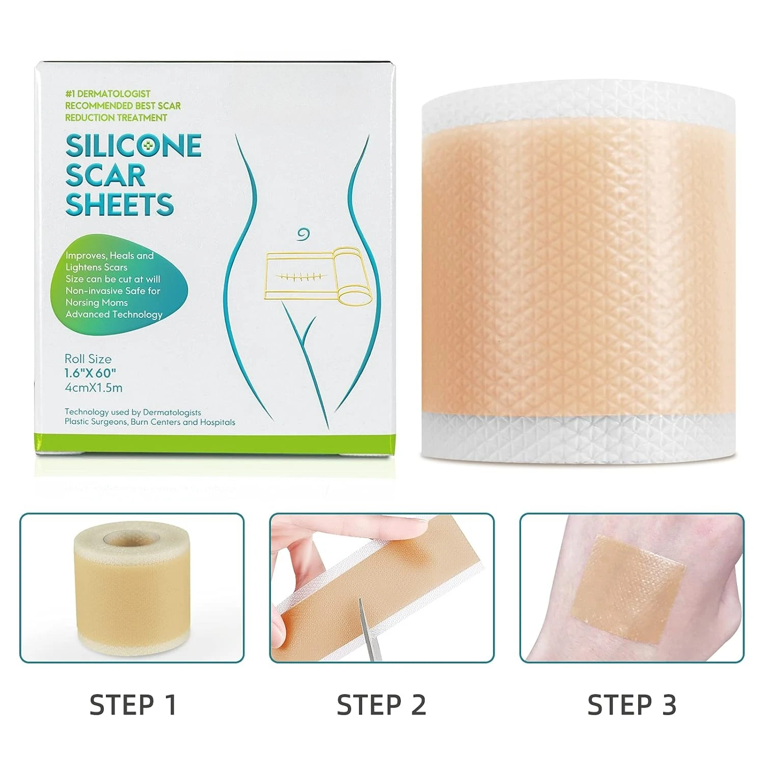 Grade Silicone Scar Sheets, Silicone Scar Tape (1.6”x 60”), Scar Removal Strips for Acne Scars C-Section & Keloid Surgery Scar