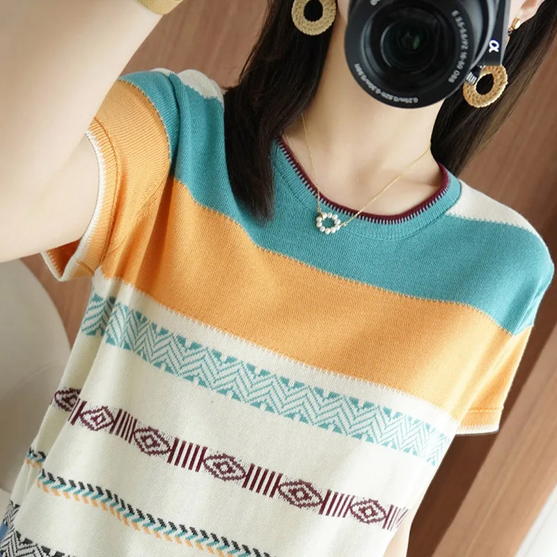 

High-End Women's Rainbow Striped Pure Cotton Knitted Ice Silk ort Sve Top Korean Sle Loose Fit Camere Blend Spring Wear