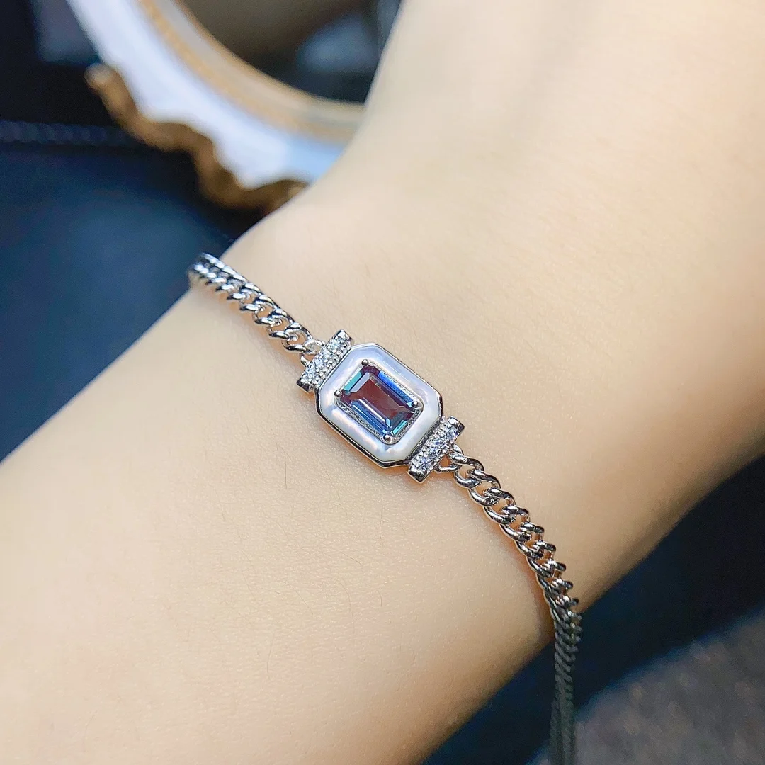 Emerald Cut 4x6mm Alexandrite Silver Bracelet Color Changing Gemstone Bracelet Women  June Birthstone Bracelet