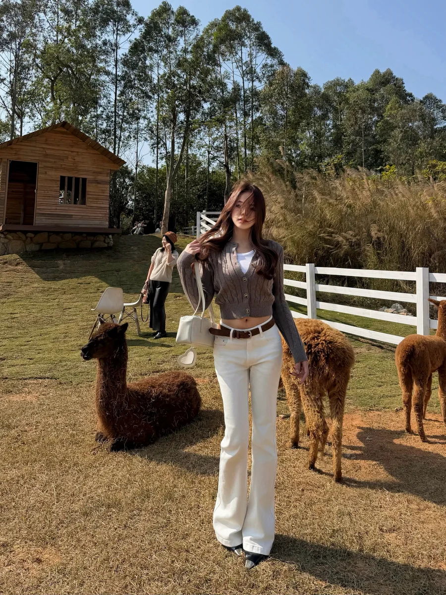 

Caiii American Retro Money Sle White Bell Bot Low Waist Denim Jeans Women Slimming Long Pants Cotton Elastic Soft