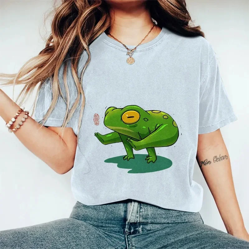 Frog Doing Yoga Art Print Casual T-shirt Summer Women's T Shirts