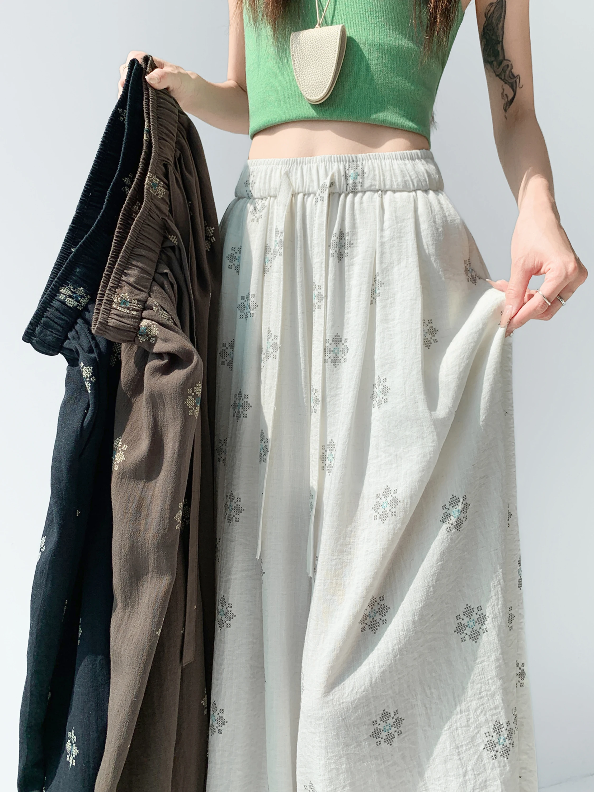 

Ice Silk Cotton Linen Wide Leg Pants Women Summer New Loose Slimming Draping Thin Knife Floor Length Pants Floral Print