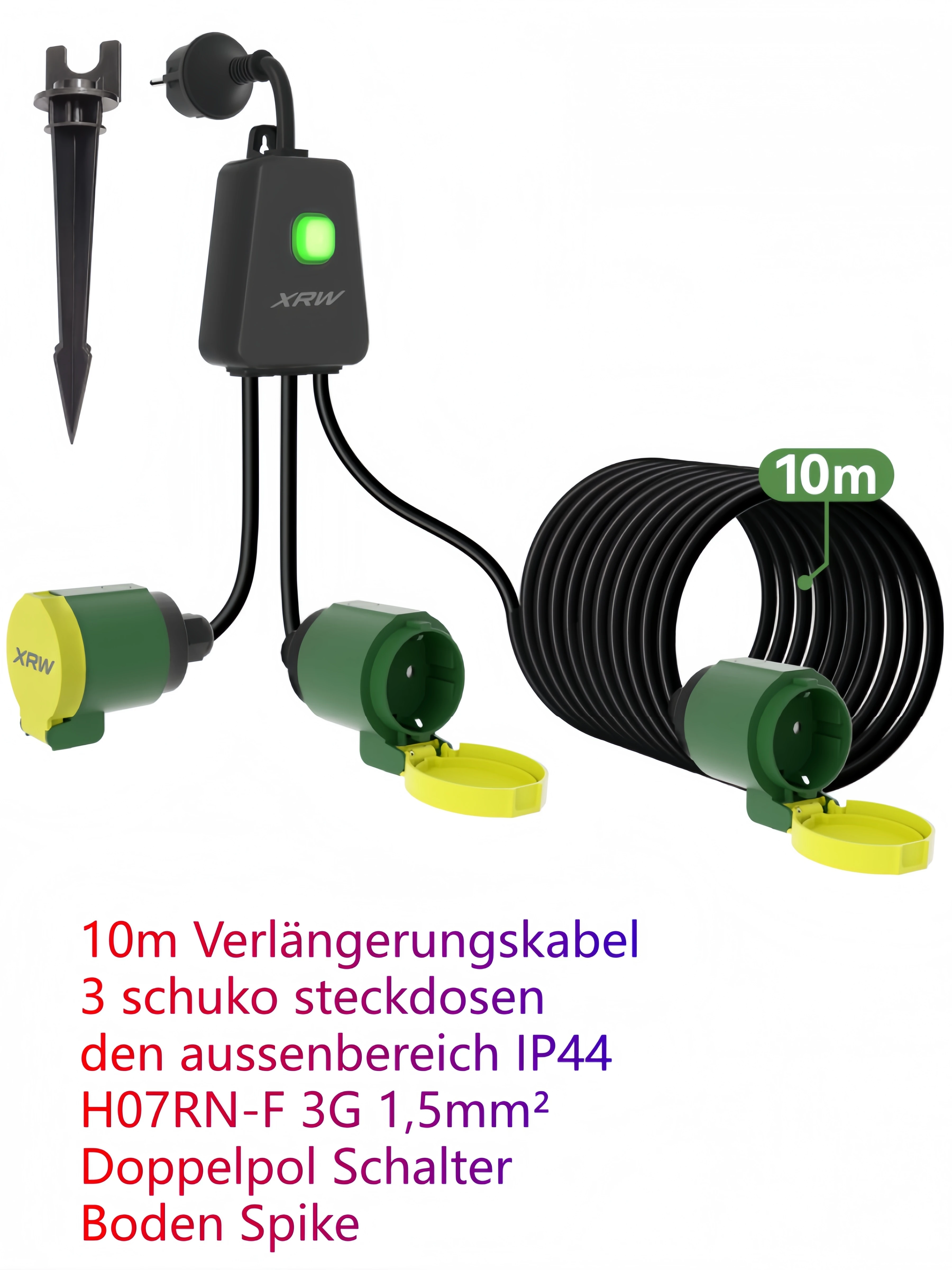 

Simatoper 10m extension cable with 3 Schuko sockets for outdoor use IP44 H07RN-F 3G 1.5mm² double-pole switch with ground spike