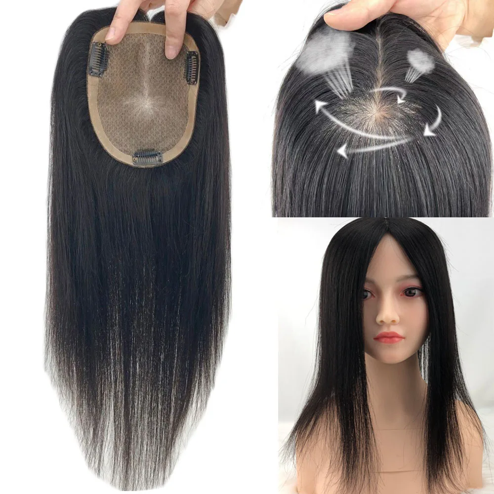 Virgin European Remy Human Hair Topper for Women Hand Tied Silk Base Toupee Breathable Silk Top Topper to Hide Bald White Hair