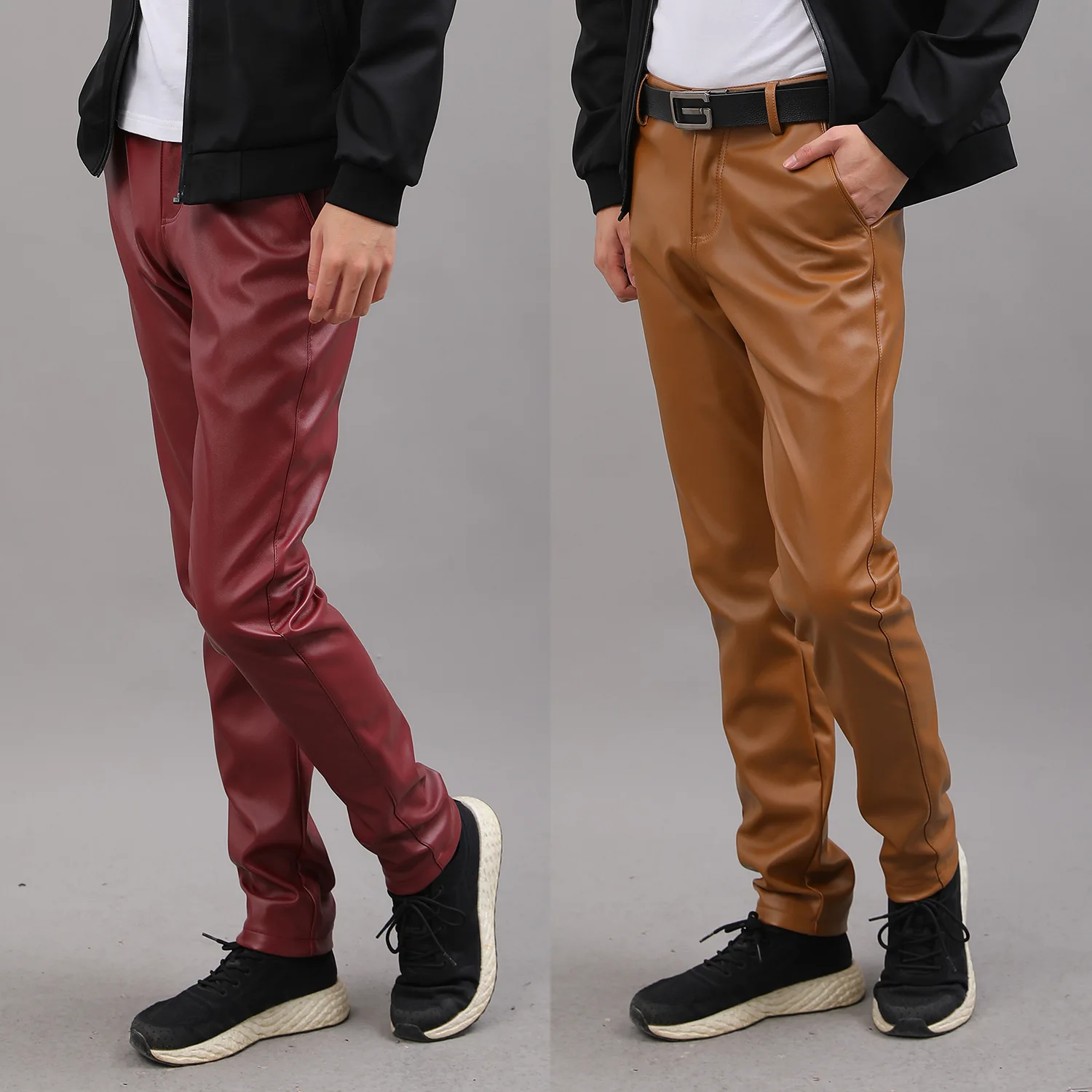 New Men's Pu Pantsslimming Men's Elastic 2023 Leather Pants Feet Camouflage Wine Red Brown Pu Boys Dropshipping