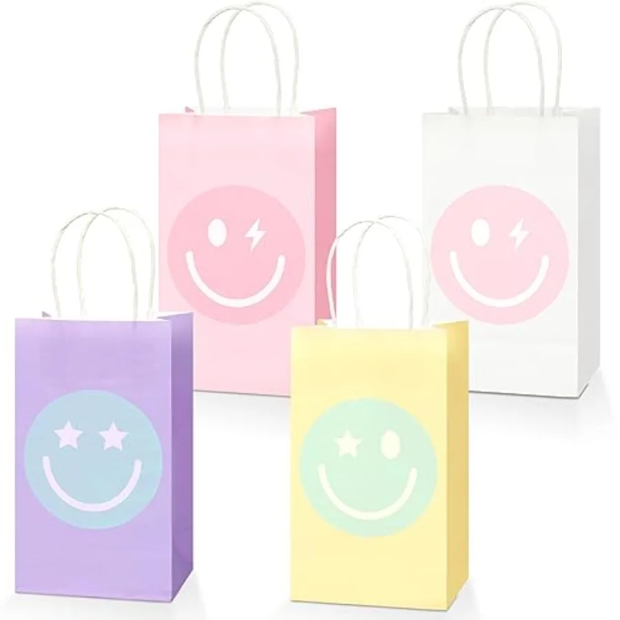 

16PCS Smile Face Gift Paper Bags Preppy party Supplies Smile Face Favors Bags Pastel Candy Bags Preppy party Decor Rainbow Kraf