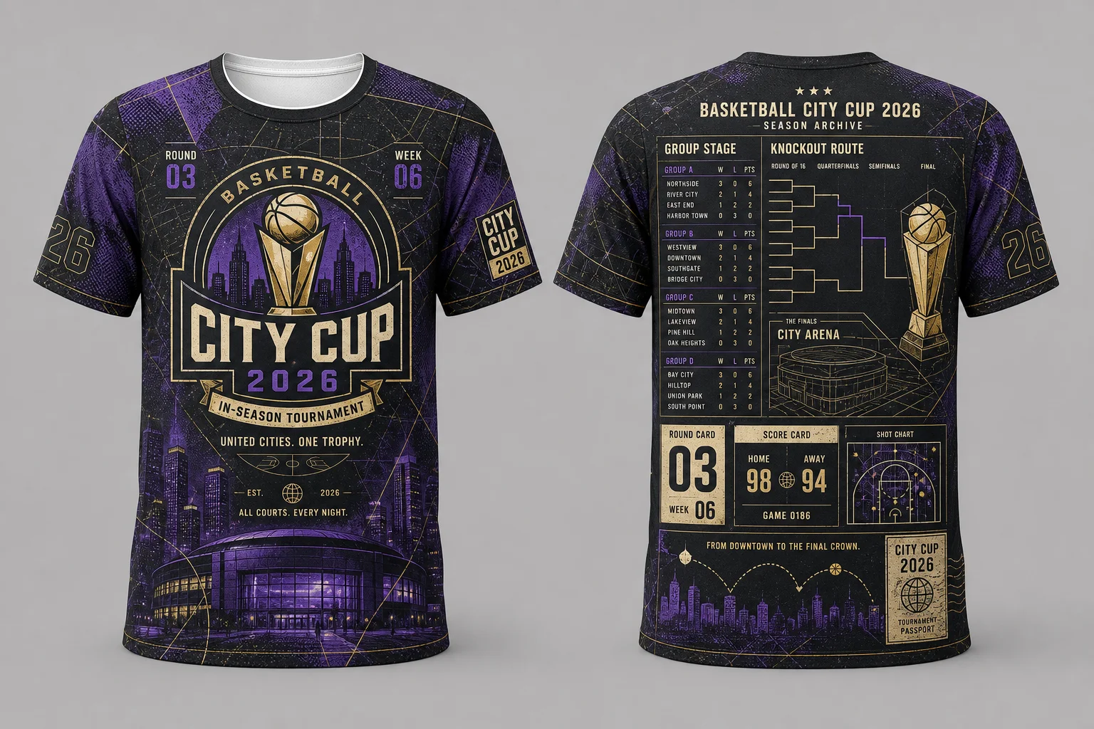 Unisex Full‑Print Basketball T‑Shirt City Cup 2026 Tournament Graphic Tee Quick‑Dry Mesh Sports Short Sleeve Fan Collectible Top