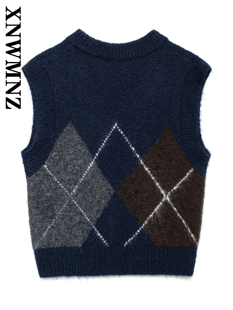 XNWMNZ Women Clothing 2024 New Autumn Vintage V-Collar Plaid Knit Sweater Jumper Vest Woman's Casual Sleeveless Gilet Top