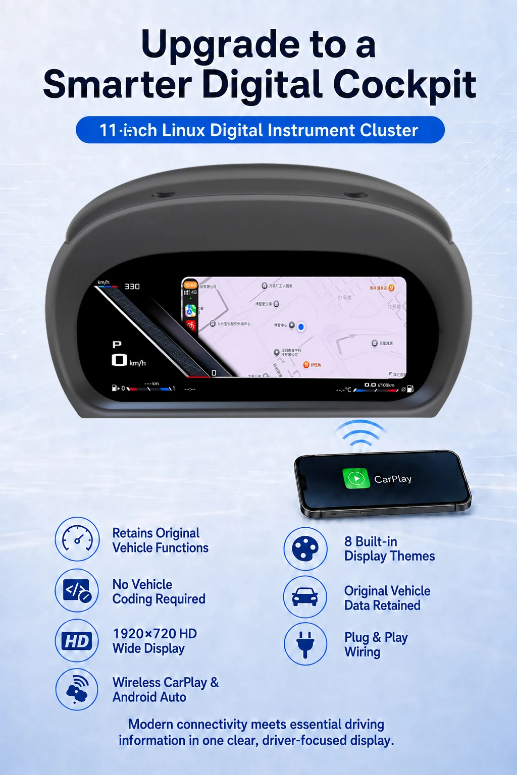 AUTOTOP 11" Digitales Kombiinstrument Virtuelles Cockpit für BMW 3er E90 E91 E92 E93 Coupé Touring Limousine Cabrio 2004-2013, Kabelloses CarPlay Android Auto, HDMI-Ausgang, 1920x720 Linux-Bildschirm, 8 UI-Themen, Originalkilometerstand-Synchronisation, Benzin Diesel, LHD RHD – Detail 1