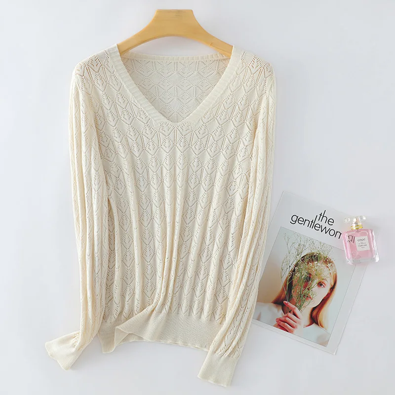 ZOCEPT Spring Summer Hollow Out Long Sleeve T-Shirts Women Thin Fashion Solid V-Neck Knitted Cotton Pullover Tops Through Look