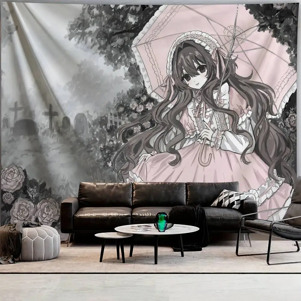 Pink Lolita Anime Girl Tapestry, Gothic Cemetery Scene Wall Sweet Dark Aesthetic Parasol Rose Character Bedroom Dorm Decor